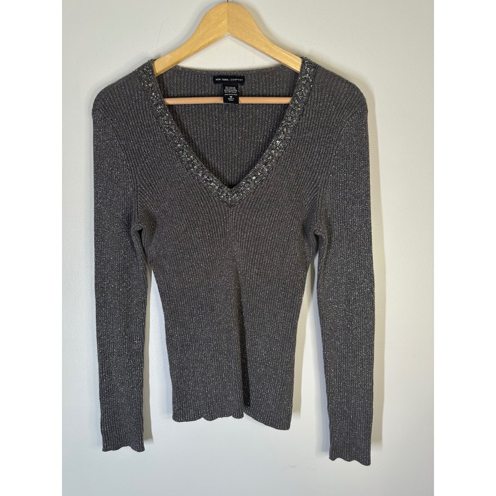 New York & Company Metallic Sweater Y2K Womens Size M Beaded Sequinned Holiday